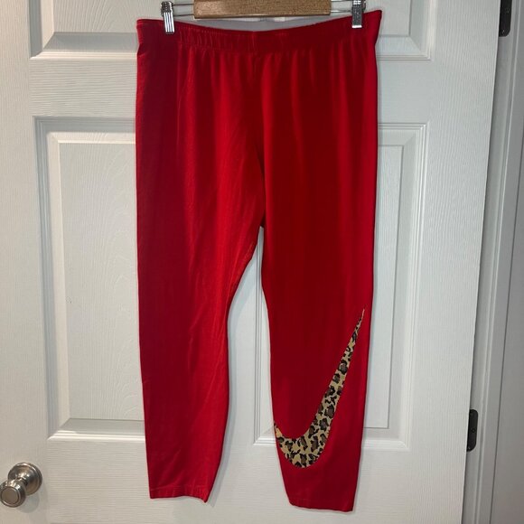 Nike Animal Print Leggings Women's Size XL Red Leopard Swoosh Cotton Spandex - Picture 11 of 12